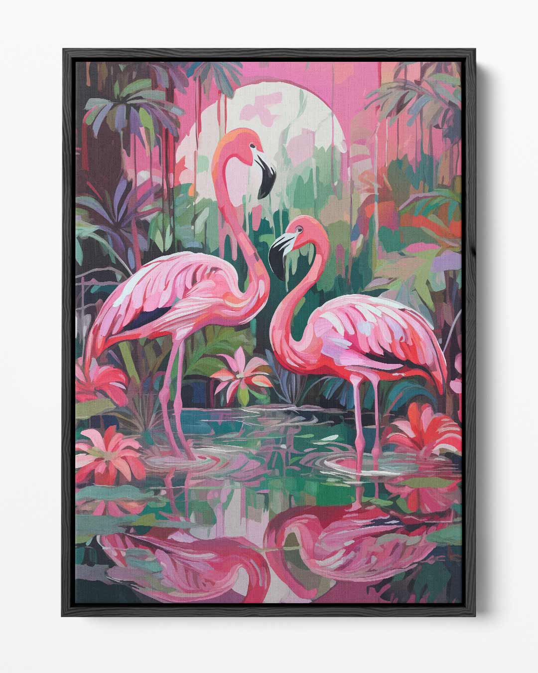 Tropische Flamingo's bij Zonsondergang Kunstwerk-canvas-dibond-plexiglas-wanddecoratie-WallArtistic