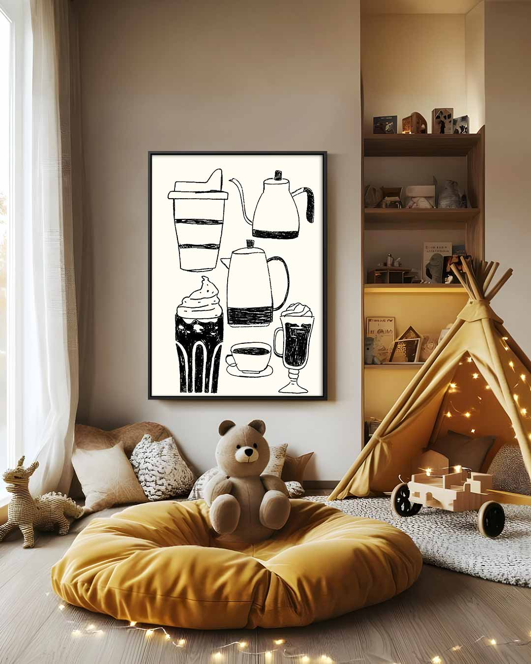 Koffieplezier in Lijnkunst Kunstwerk-canvas-dibond-plexiglas-wanddecoratie-WallArtistic