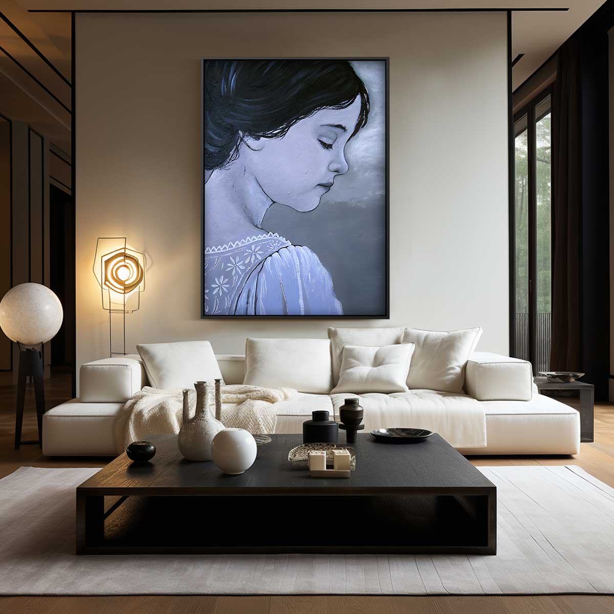 Dromerig Meisje in Grijstinten Kunstwerk-canvas-dibond-plexiglas-wanddecoratie-WallArtistic