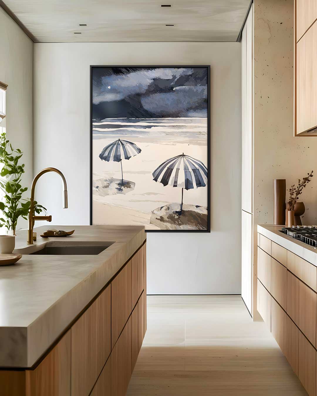 Strandparaplu's in Windstorm Kunstwerk-canvas-dibond-plexiglas-wanddecoratie-WallArtistic