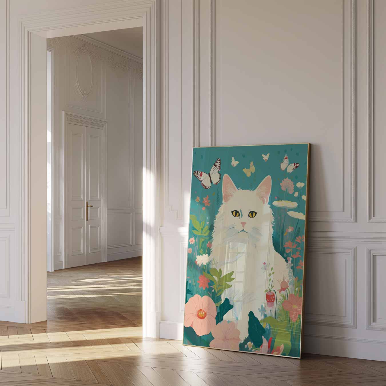Dromerige Kat in Bloementuin Poster