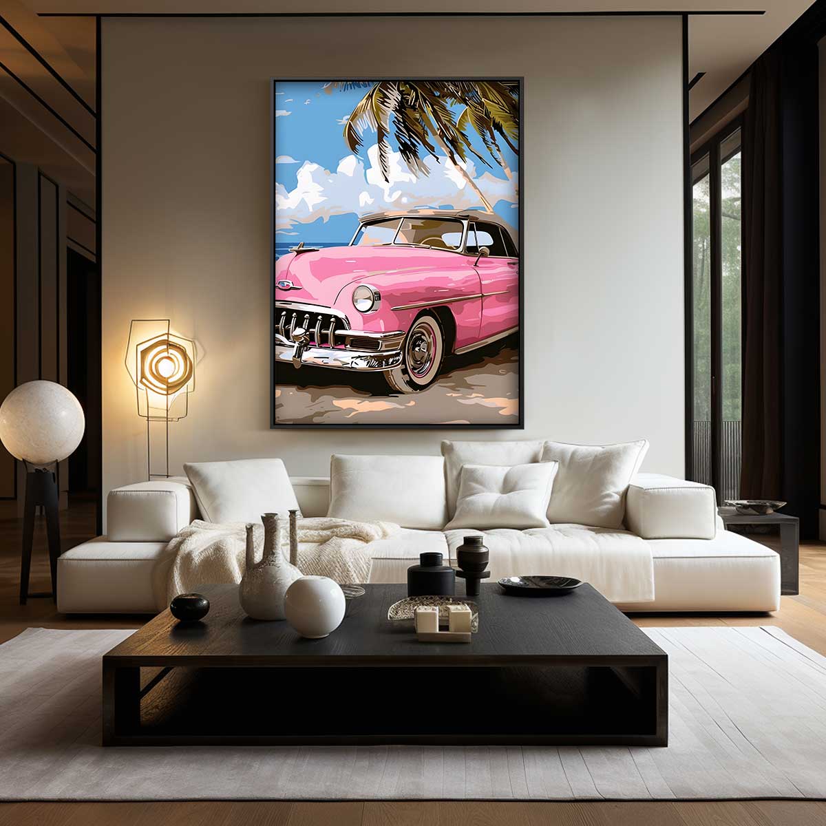 Roze Oldtimer aan het Strand Kunstwerk-canvas-dibond-plexiglas-wanddecoratie-WallArtistic