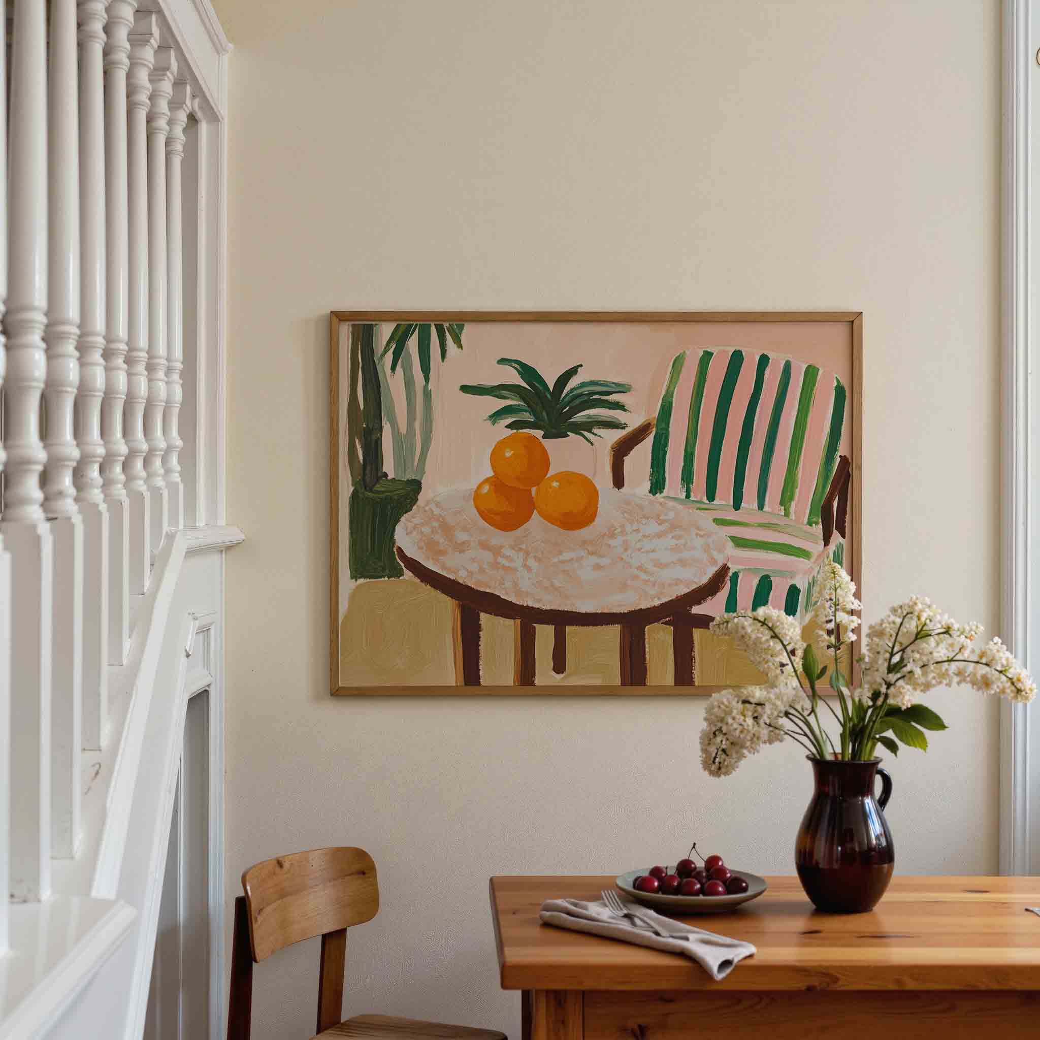 Oranje fruit en gestreepte stoel Poster