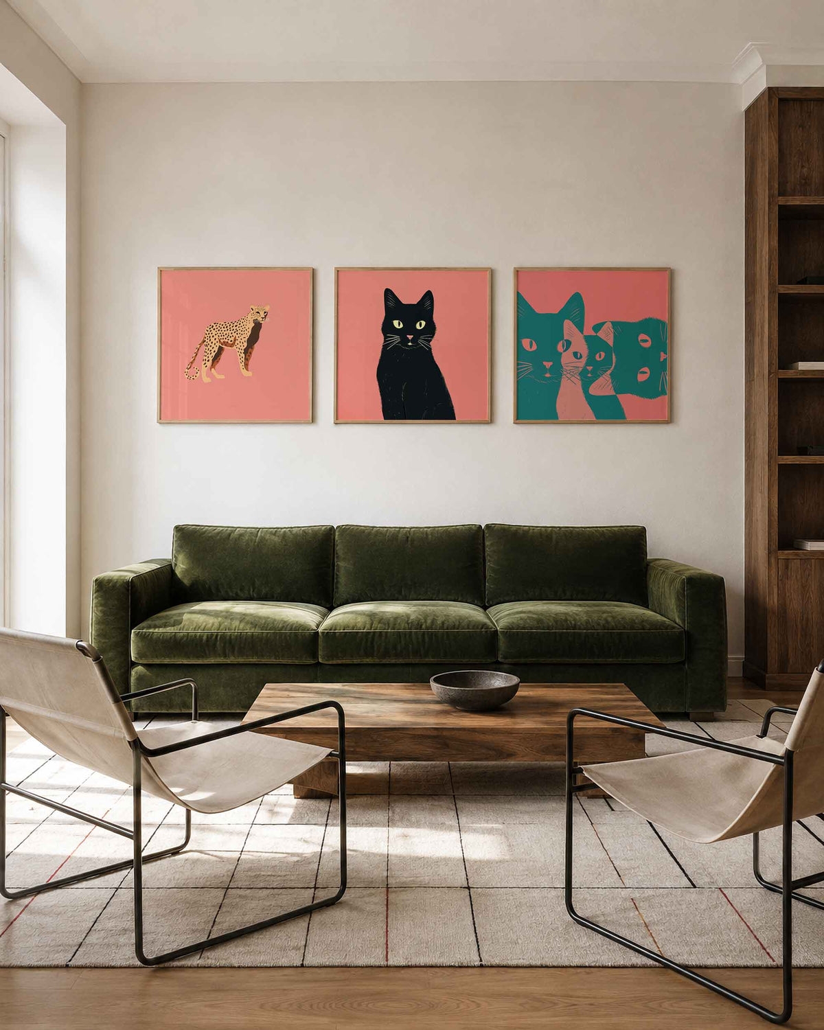 Interieurpresentatie van een driedelige vierkante posterset met dierenportretten