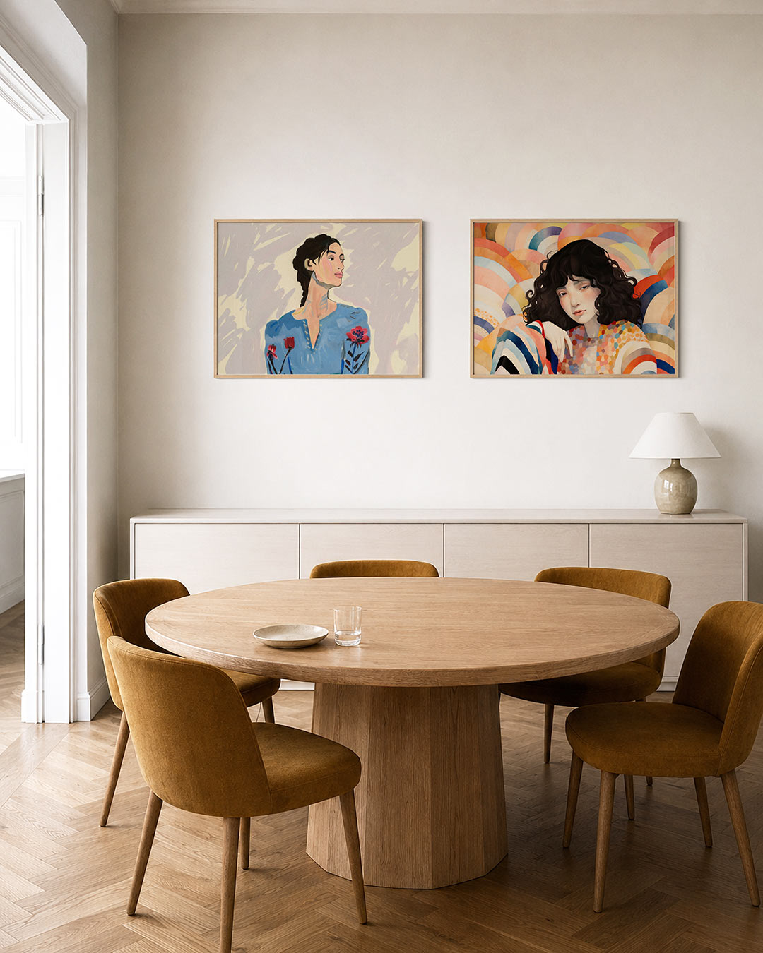 Tweedelige posterset met een vrouw in een blauwe jurk met bloemen, getoond in een interieur