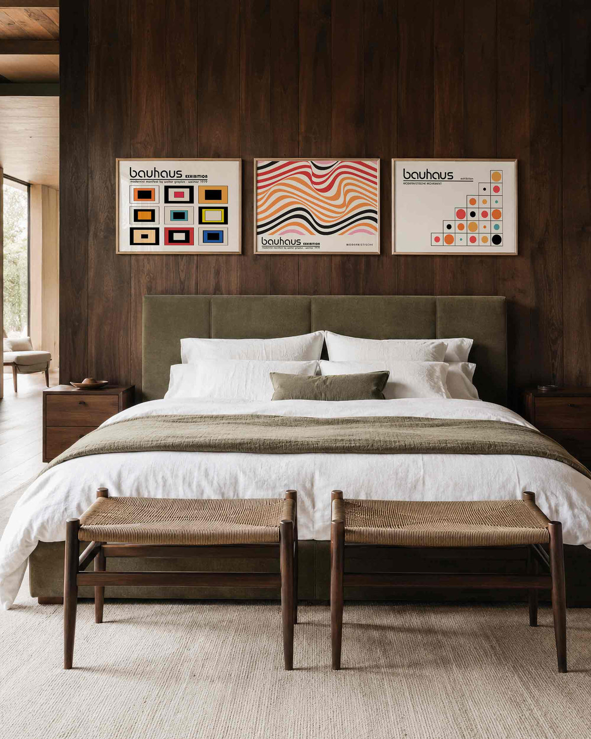 Interieurmockup van drieluik landscape-posterset met vlakken, golven en stippen