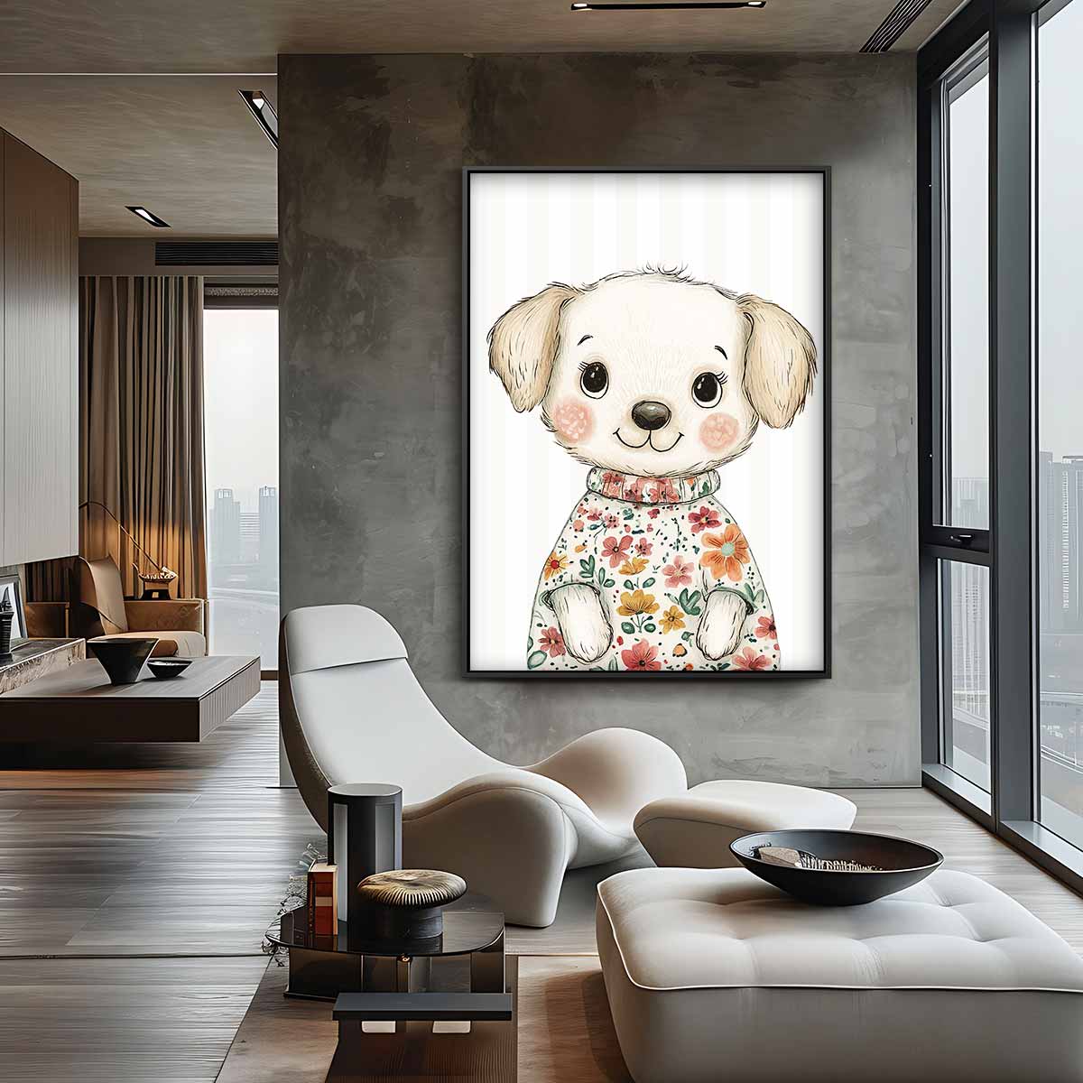 Schattige Puppy in Bloemensweater Kunstwerk-canvas-dibond-plexiglas-wanddecoratie-WallArtistic