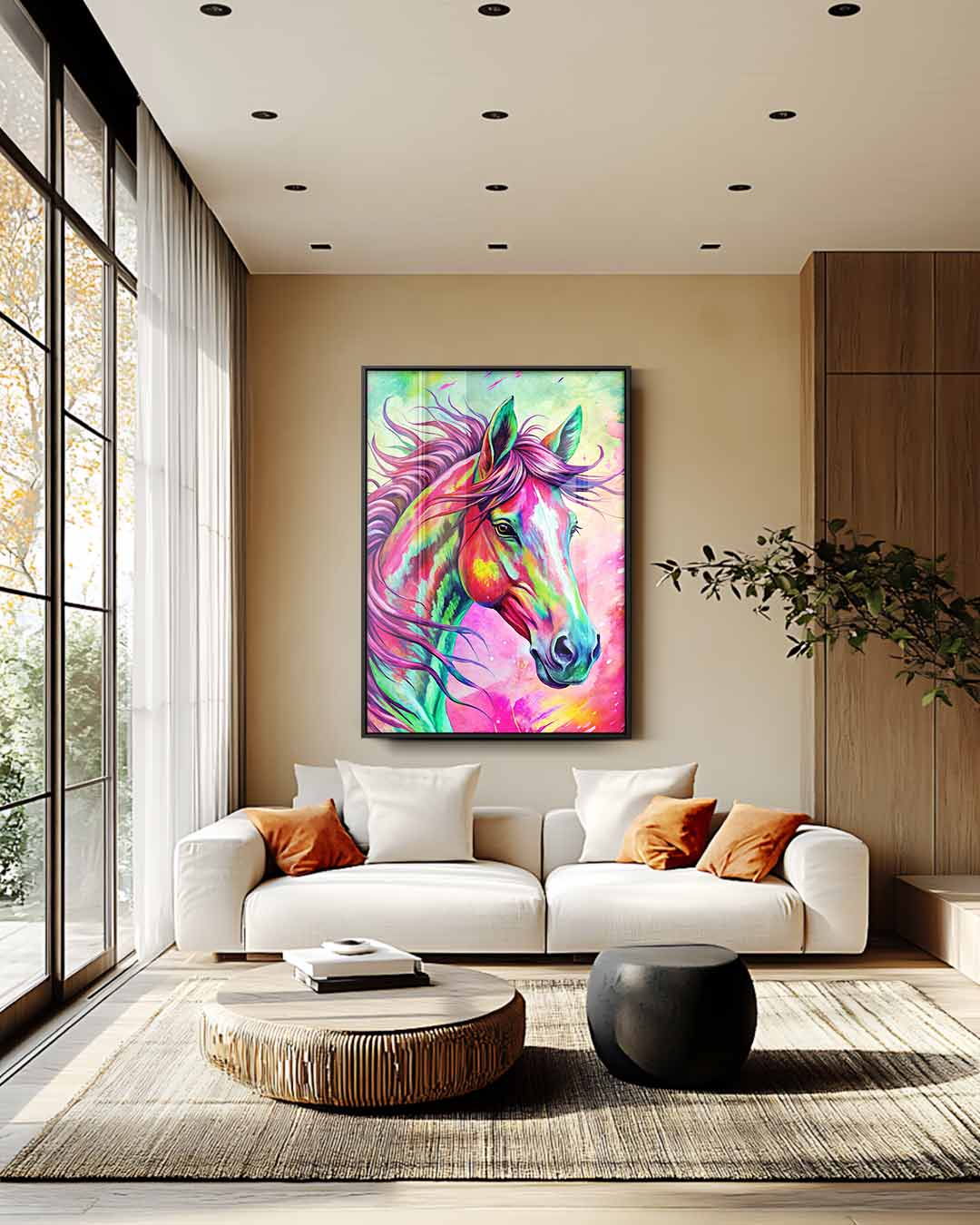 Kleurrijk Paardenportret Kunstwerk-canvas-dibond-plexiglas-wanddecoratie-WallArtistic