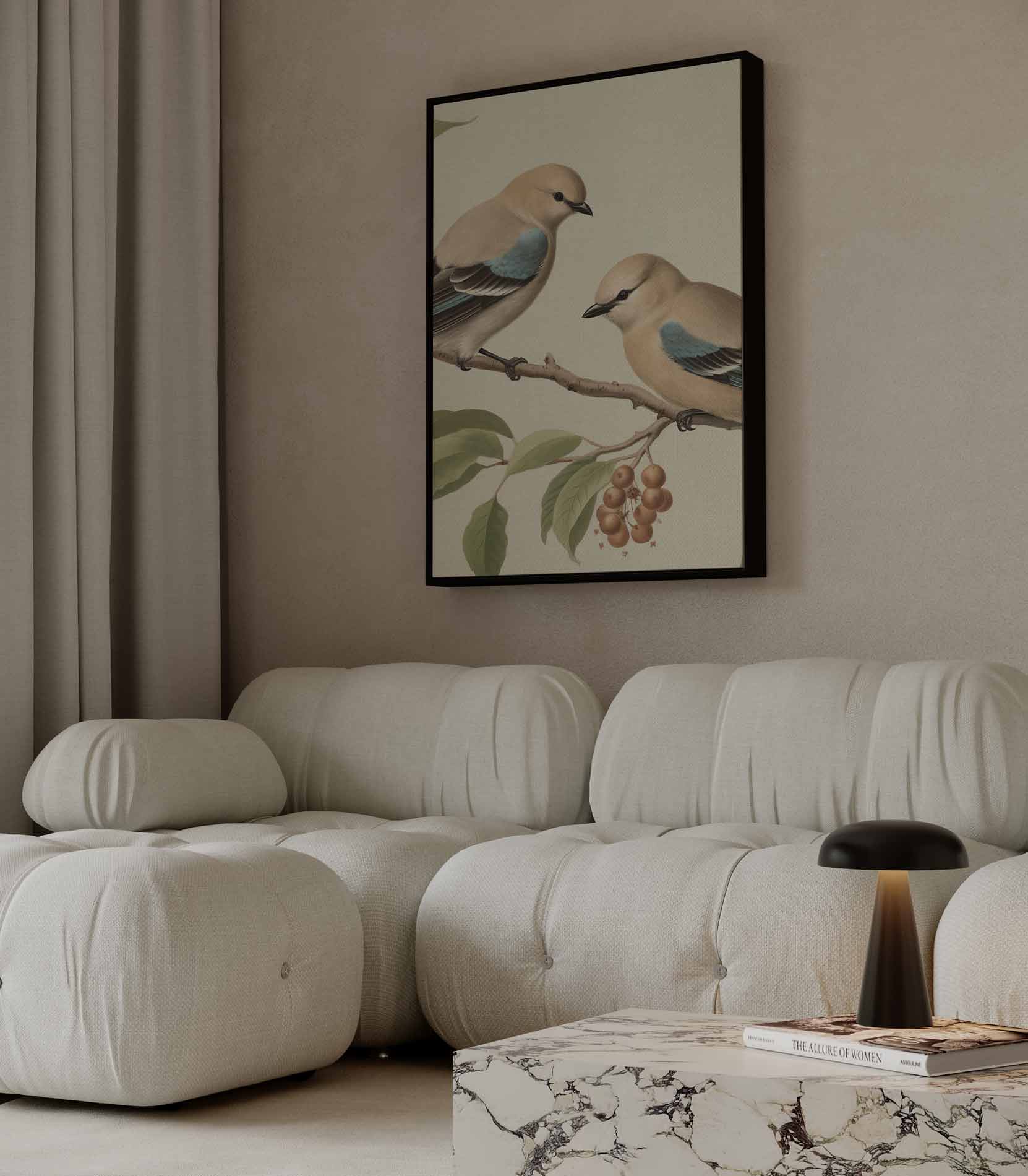 Twee Vogelvriendjes op een Tak Kunstwerk-canvas-dibond-plexiglas-wanddecoratie-WallArtistic