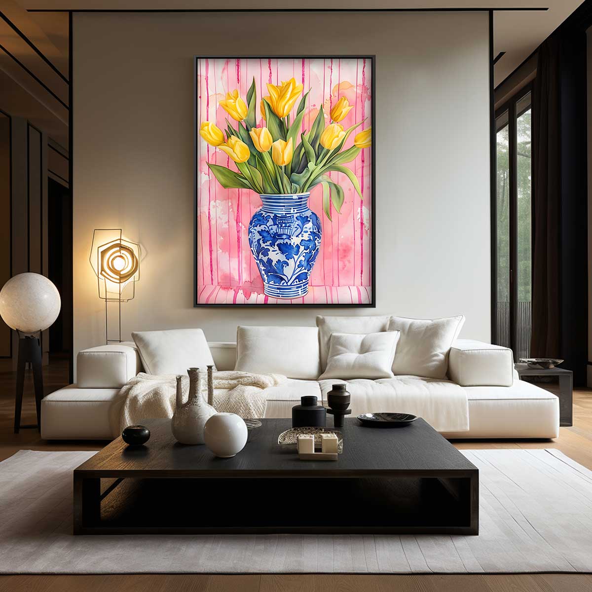 Vrolijke Gele Tulpen in Delfts Blauwe Vaas Kunstwerk-canvas-dibond-plexiglas-wanddecoratie-WallArtistic
