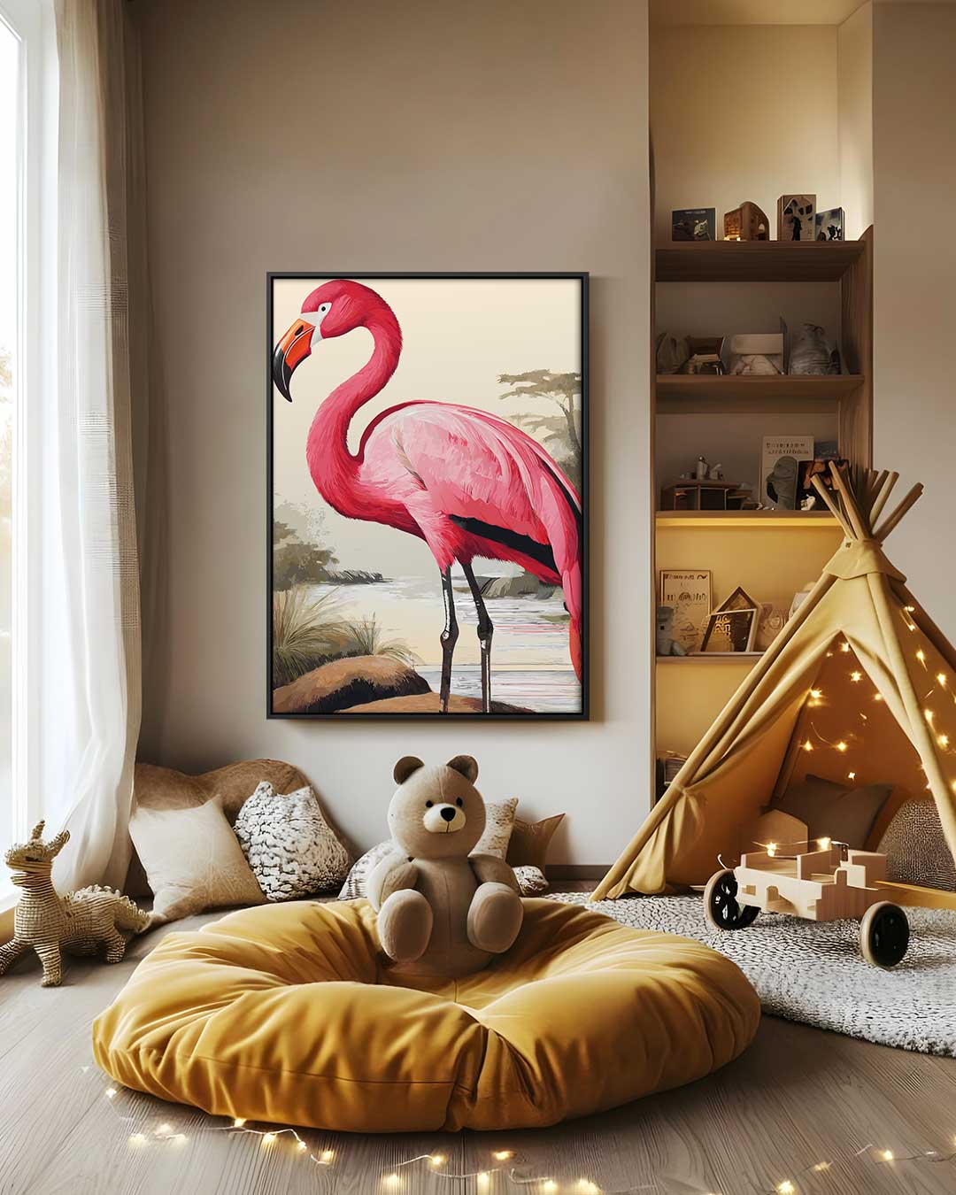 Elegante Flamingo bij Zonsondergang Kunstwerk-canvas-dibond-plexiglas-wanddecoratie-WallArtistic