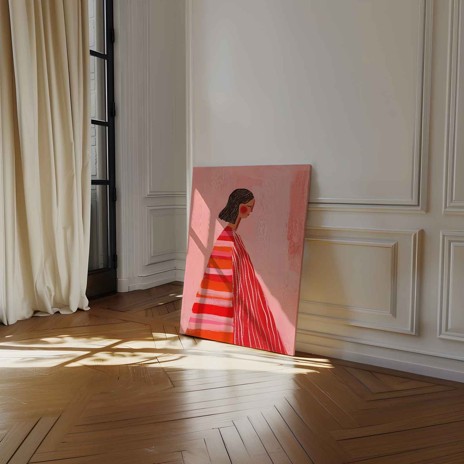 Vrouw in Roze en Rood Kunstwerk-canvas-dibond-plexiglas-wanddecoratie-WallArtistic