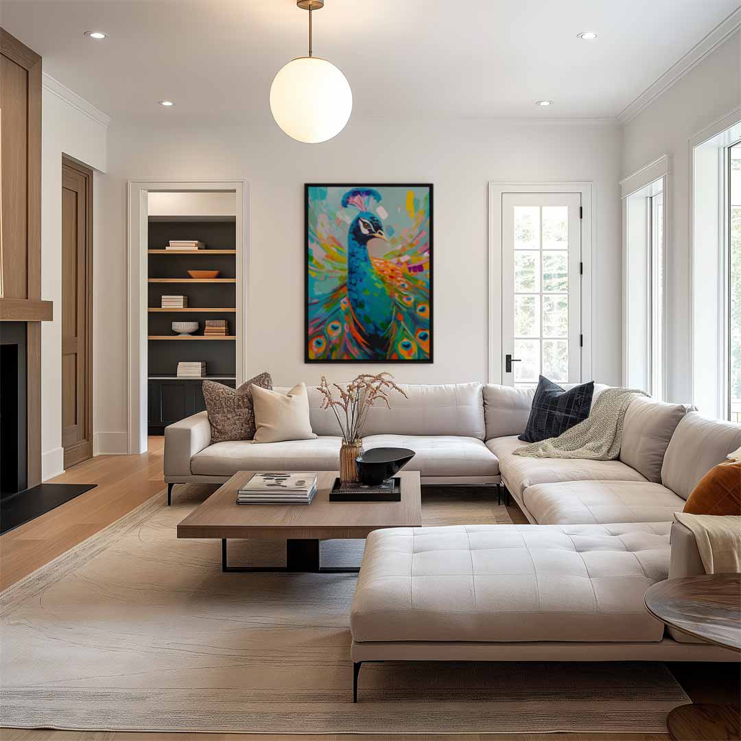 Kleurrijke Pauwportret Kunstwerk-canvas-dibond-plexiglas-wanddecoratie-WallArtistic