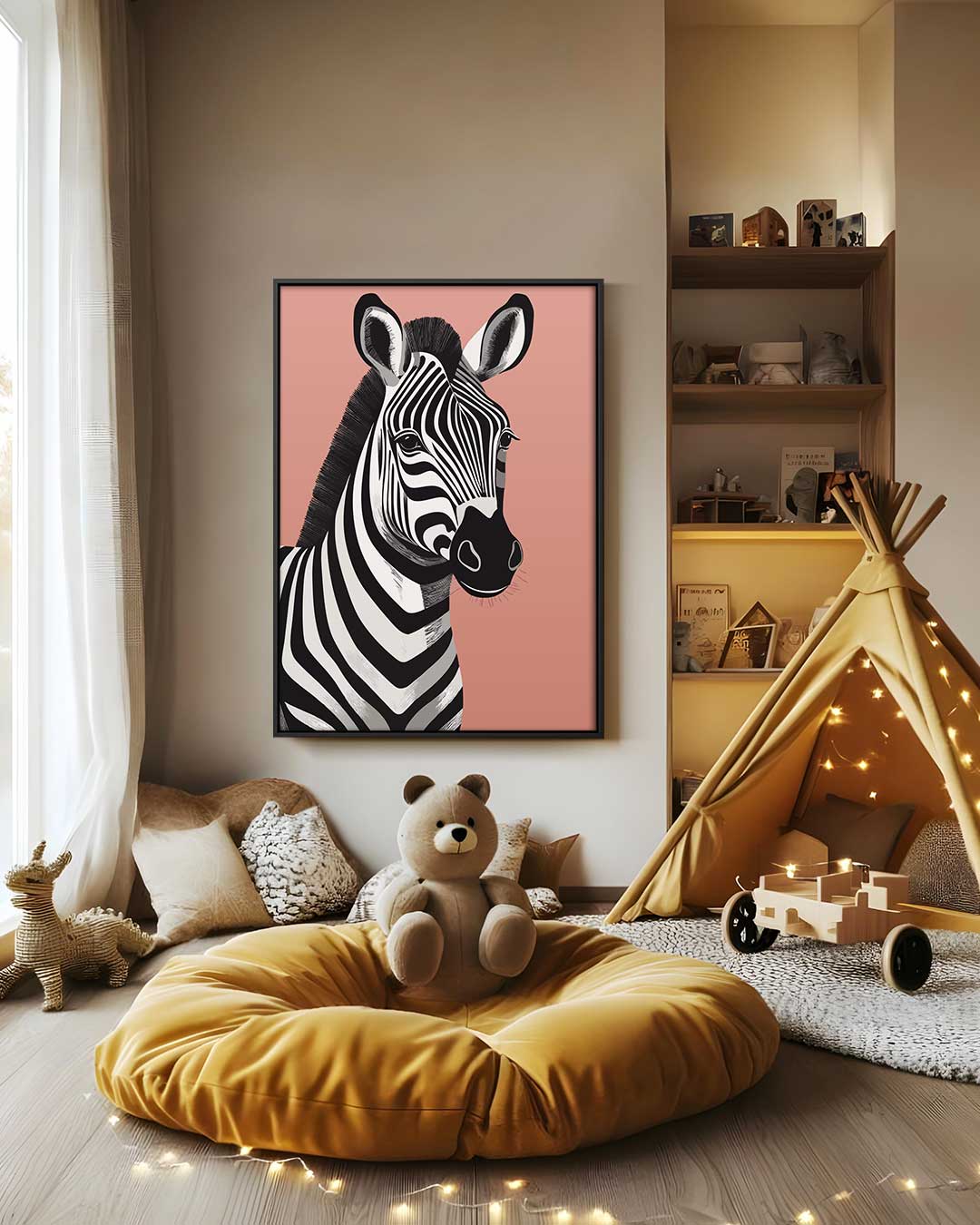 Zebra Portret op Roze Achtergrond Kunstwerk-canvas-dibond-plexiglas-wanddecoratie-WallArtistic