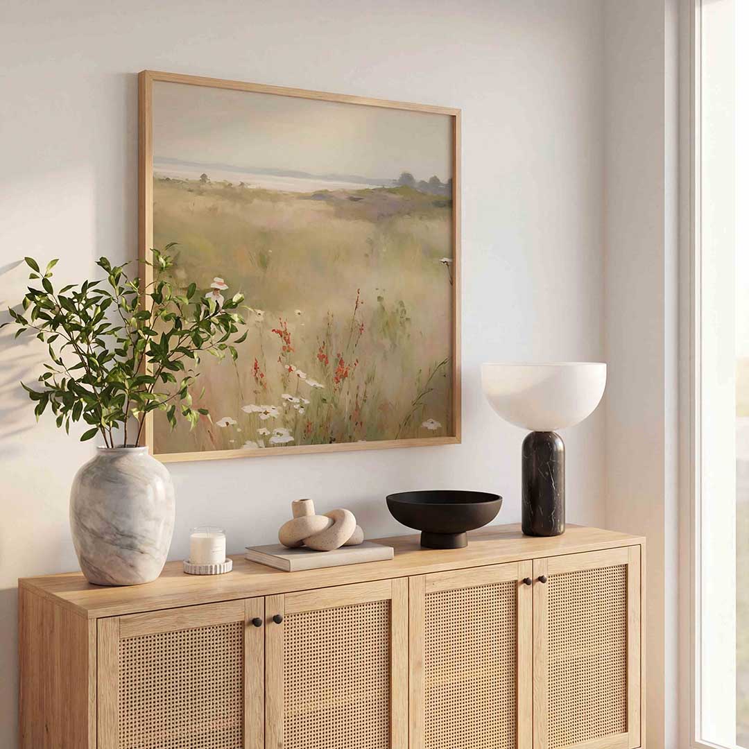 Vrouw in bloemenveld Poster