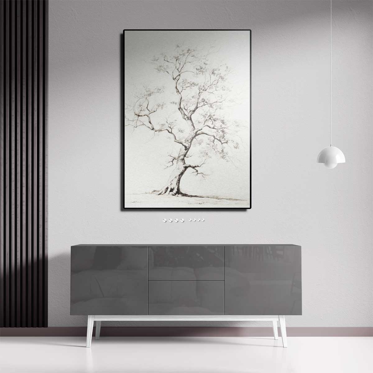Elegante Boomtekening in Zwart-Wit Kunstwerk-canvas-dibond-plexiglas-wanddecoratie-WallArtistic
