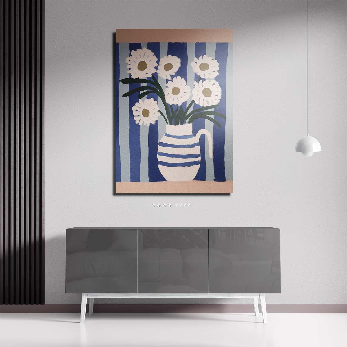 Bloemen in Blauwe Strepen Kunstwerk-canvas-dibond-plexiglas-wanddecoratie-WallArtistic
