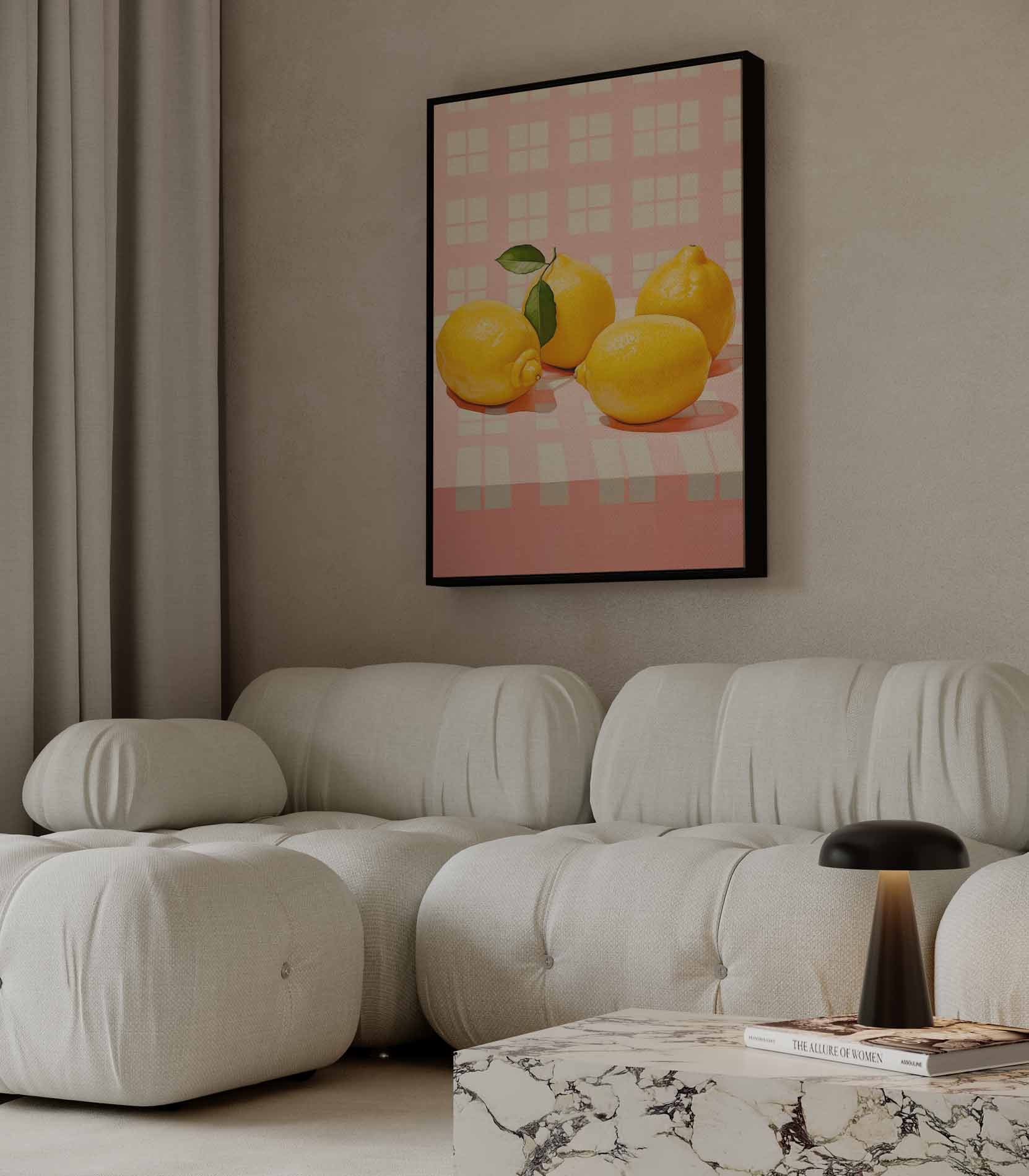 Sprankelende Citroenen op Roze Kunstwerk-canvas-dibond-plexiglas-wanddecoratie-WallArtistic