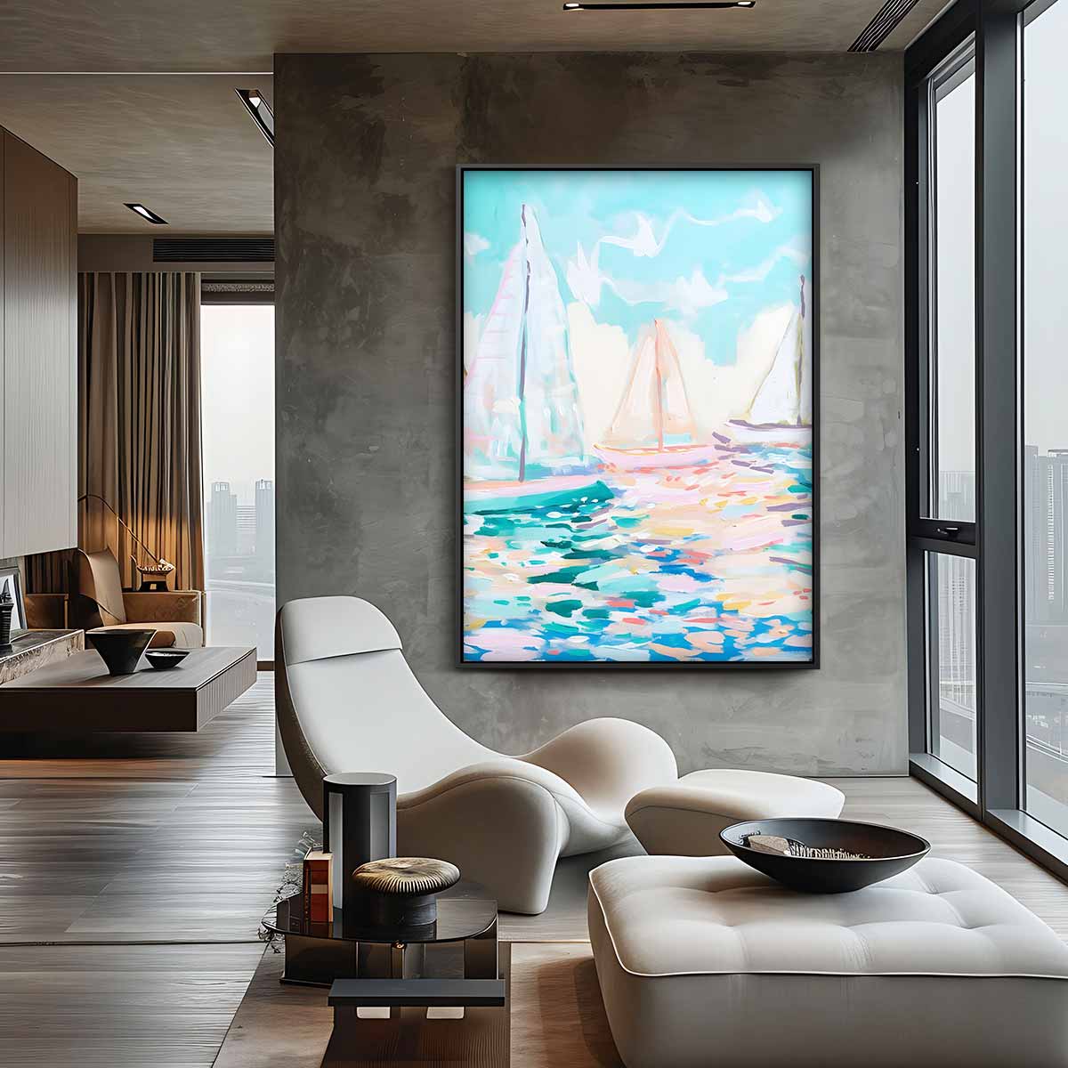 Zonnige Zeilboten op Zee Kunstwerk-canvas-dibond-plexiglas-wanddecoratie-WallArtistic