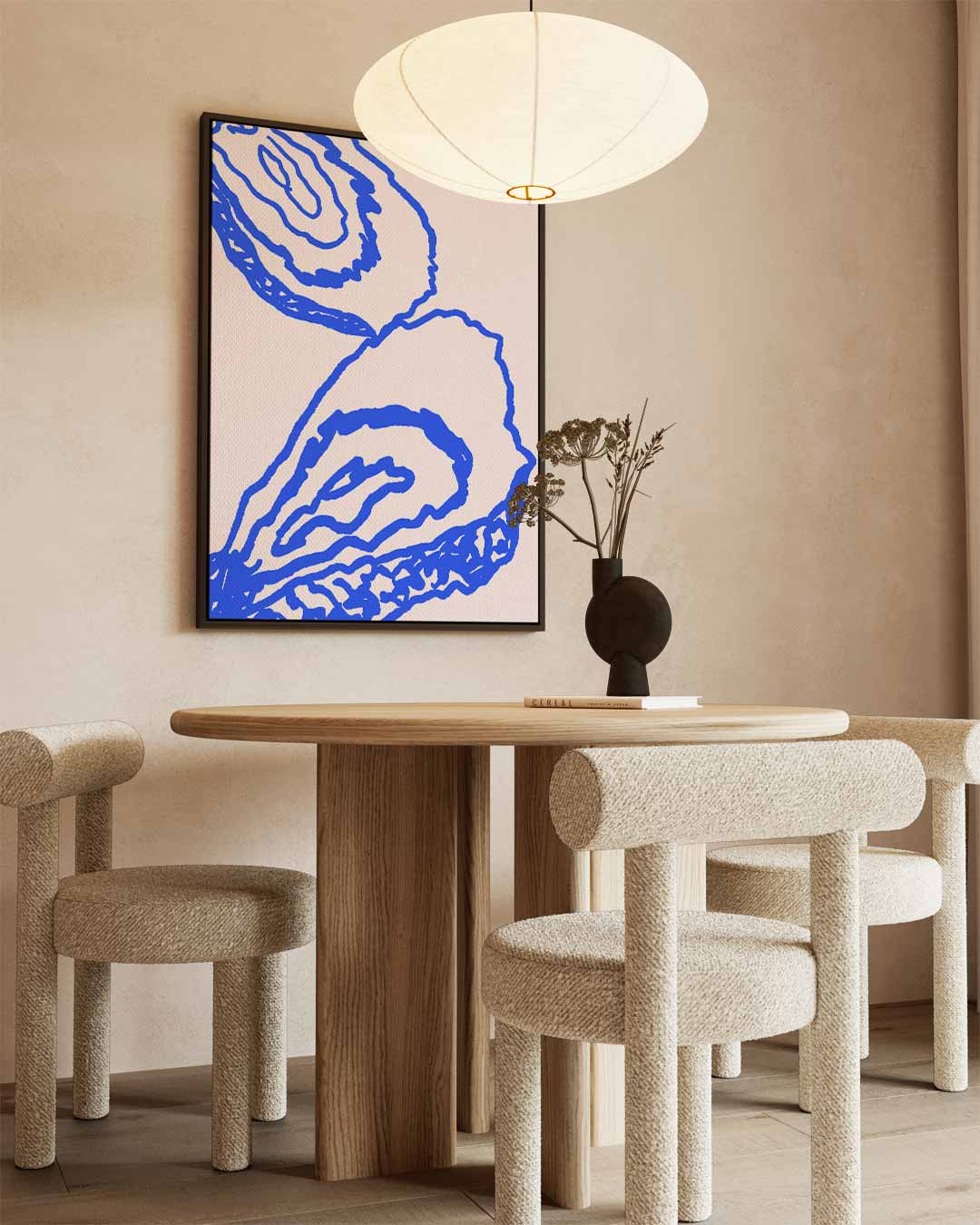 Abstracte Blauwe Contouren op Beige Kunstwerk-canvas-dibond-plexiglas-wanddecoratie-WallArtistic