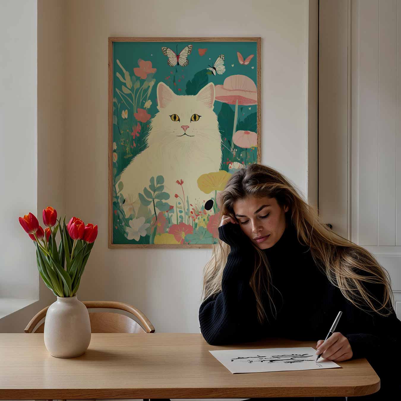 Dromerige Kat in Bloementuin Poster-WallArtistic