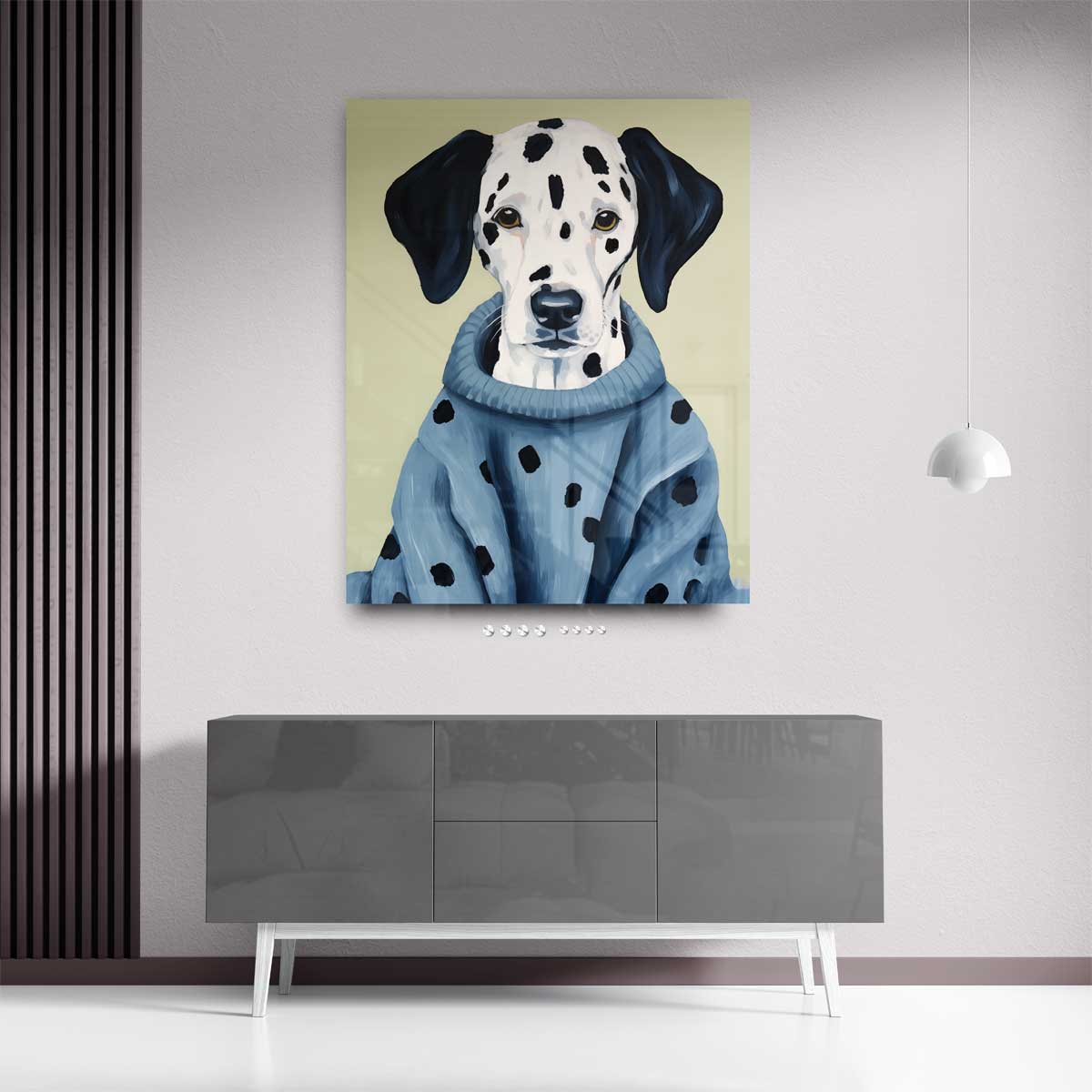 Stijlvolle Dalmatiër in Blauwe Trui Kunstwerk-canvas-dibond-plexiglas-wanddecoratie-WallArtistic
