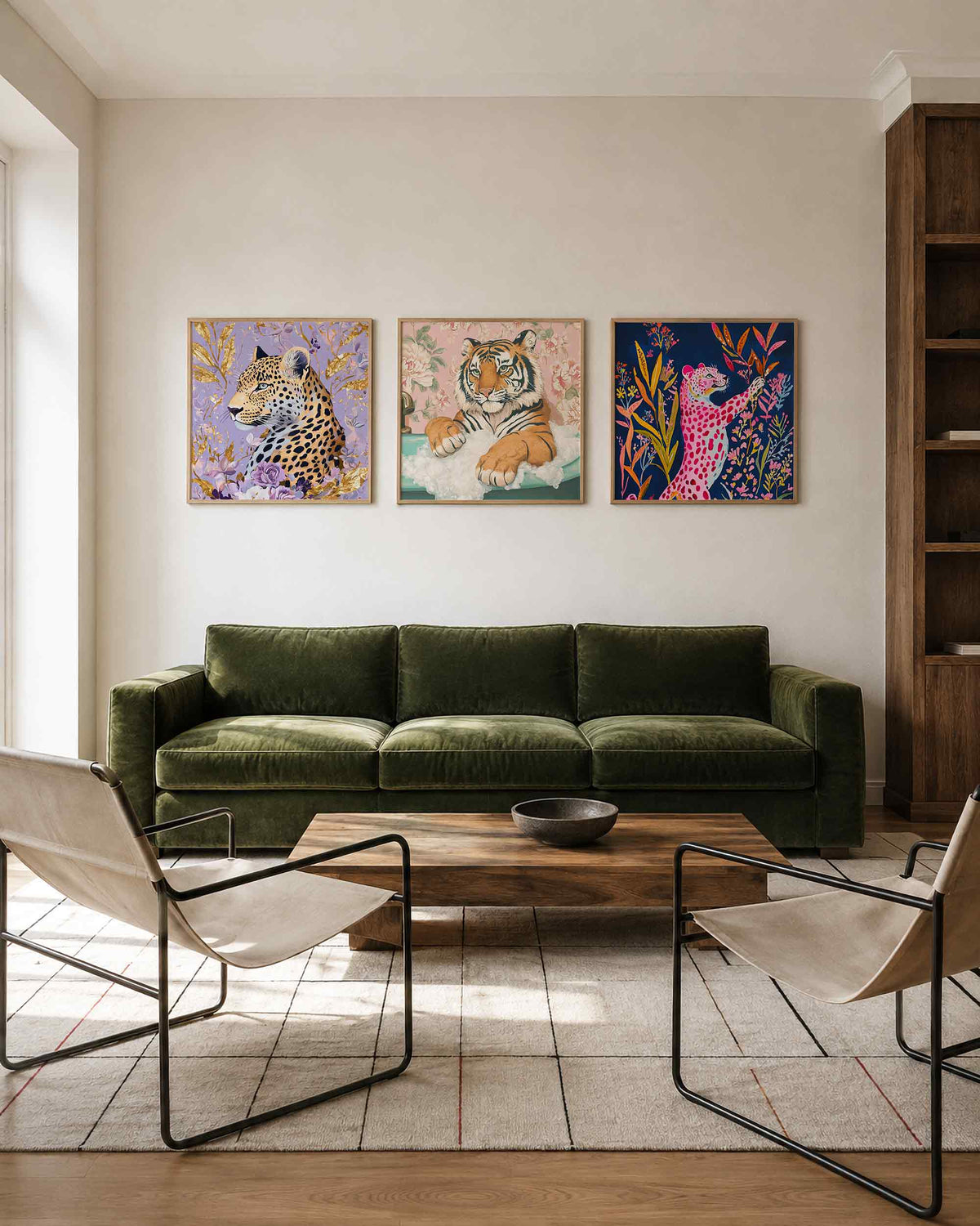 Interieurpresentatie van een driedelige vierkante posterset met grote katten
