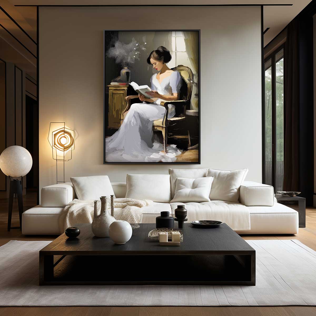 Vrouw Leest Boek aan het Raam Kunstwerk-canvas-dibond-plexiglas-wanddecoratie-WallArtistic