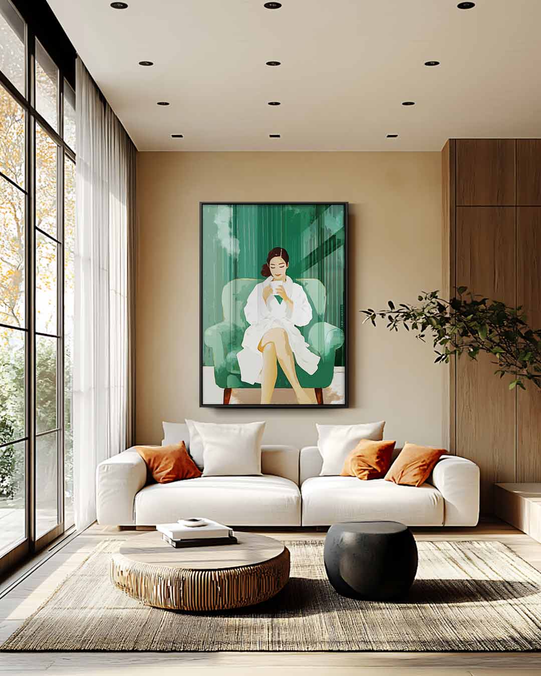 Ontspannen Moment Vrouw Met Koffiekop Kunstwerk-canvas-dibond-plexiglas-wanddecoratie-WallArtistic