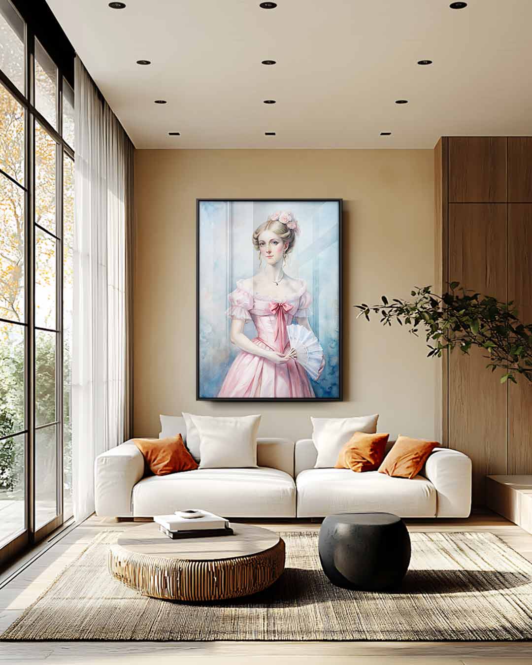 Dame in Roze Jurk Kunstwerk-canvas-dibond-plexiglas-wanddecoratie-WallArtistic