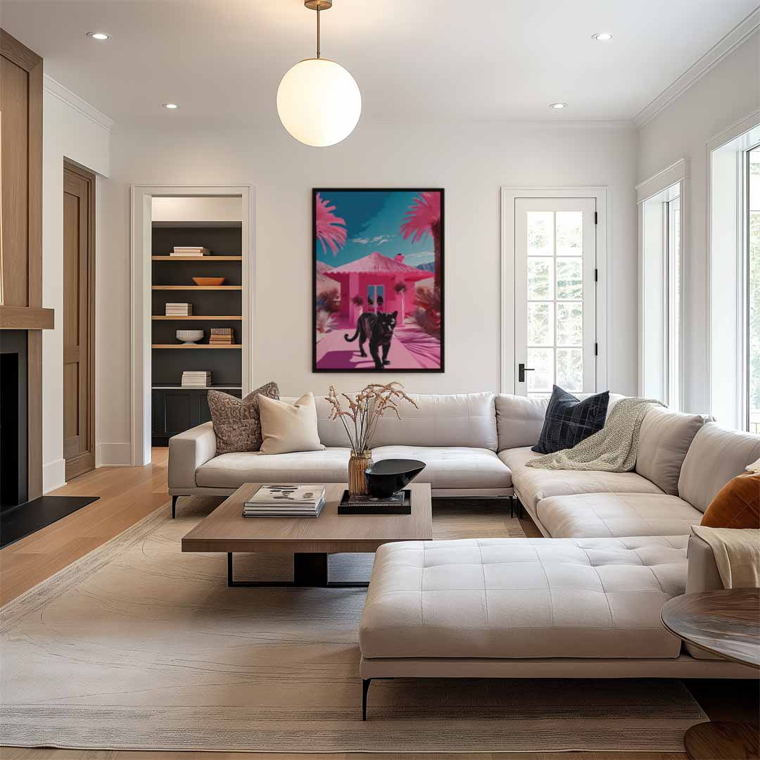 Panther in een Roze Paradijs Kunstwerk-canvas-dibond-plexiglas-wanddecoratie-WallArtistic
