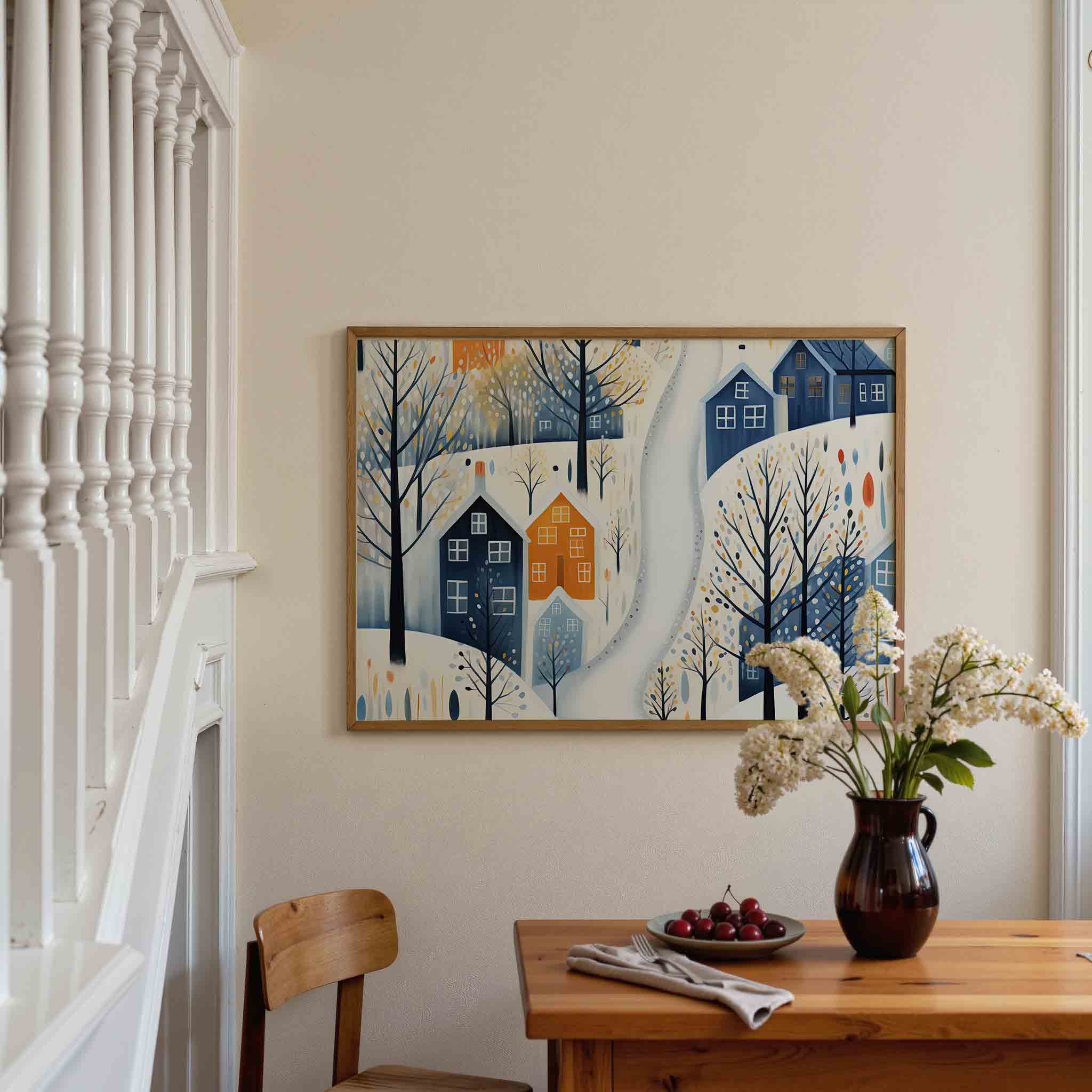 Sneeuwlandschap met huizen Poster