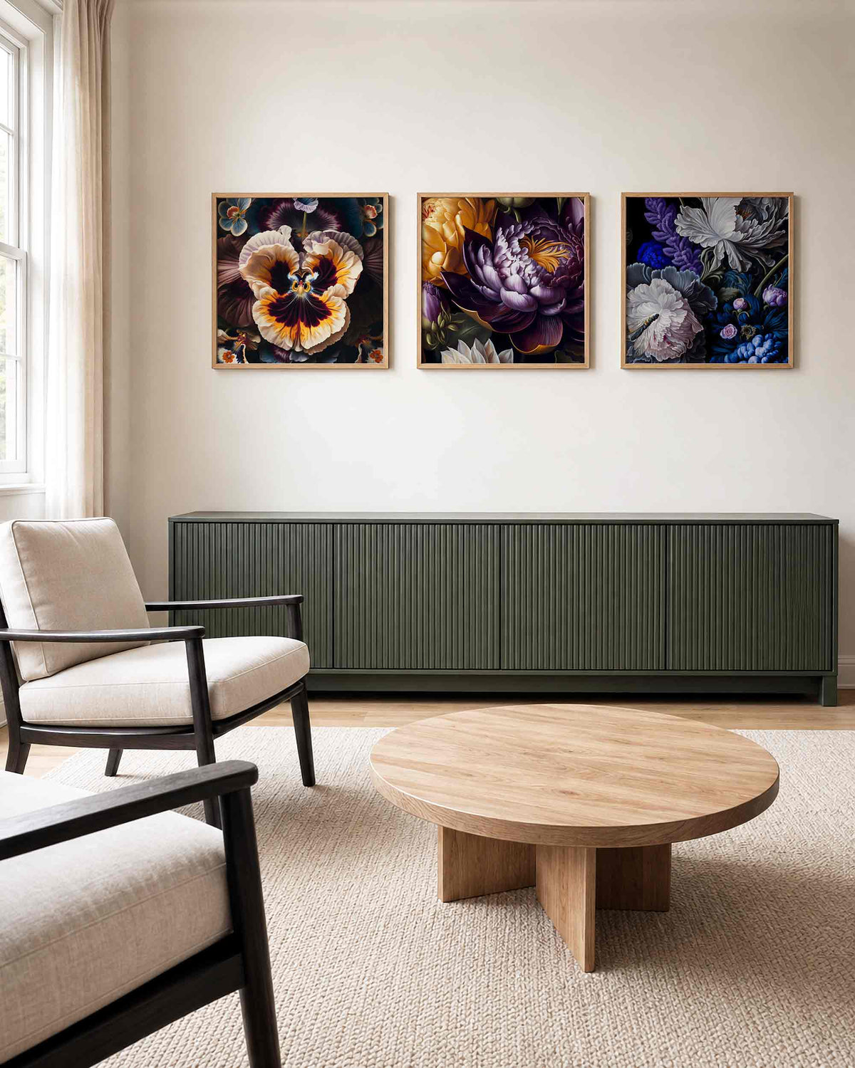 Interieurpresentatie van een driedelige vierkante posterset met kleurrijke bloemen