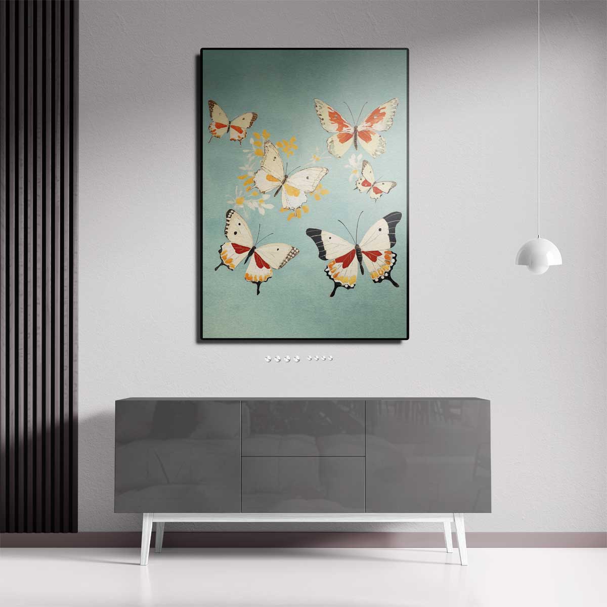Vliegende Vlinders op Hemelsblauw Kunstwerk-canvas-dibond-plexiglas-wanddecoratie-WallArtistic