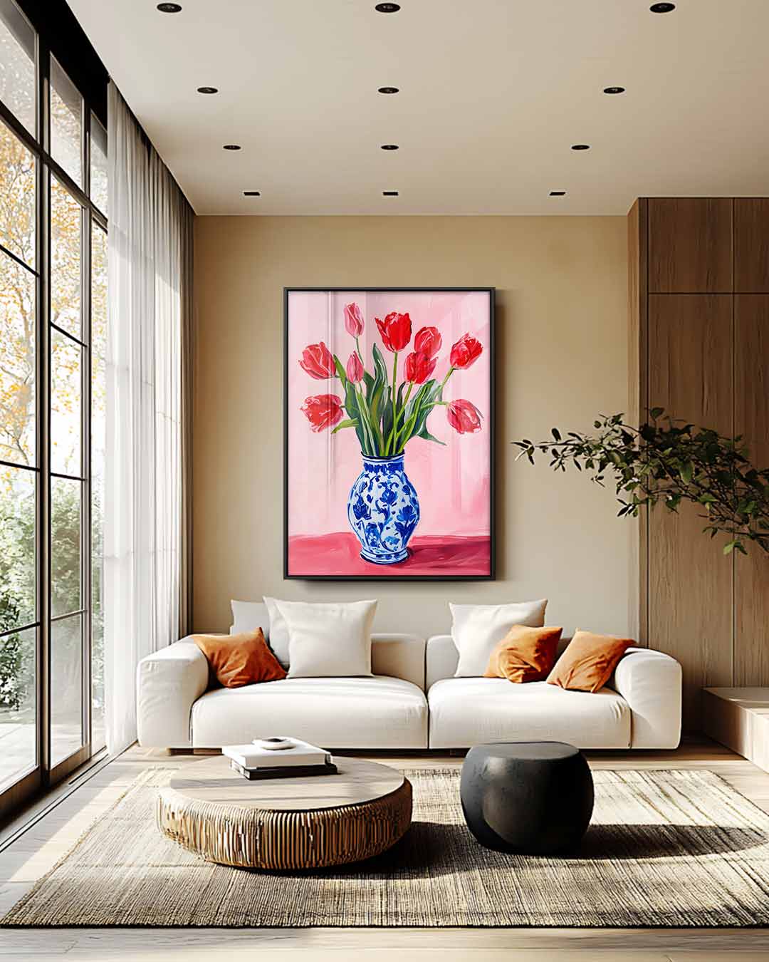Vrolijke Tulpen in Delfts Blauw Kunstwerk-canvas-dibond-plexiglas-wanddecoratie-WallArtistic