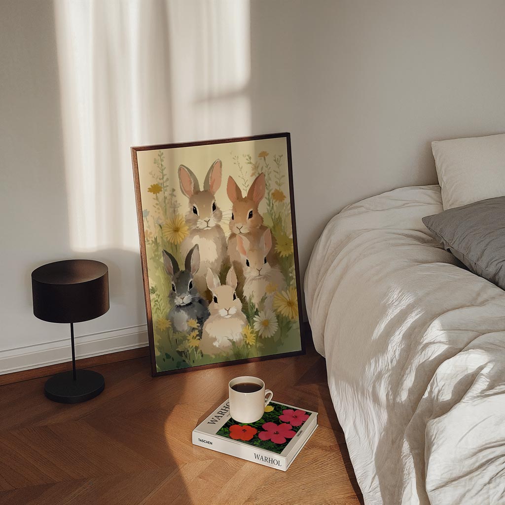 Vrolijke Konijntjes in Bloementuin Poster
