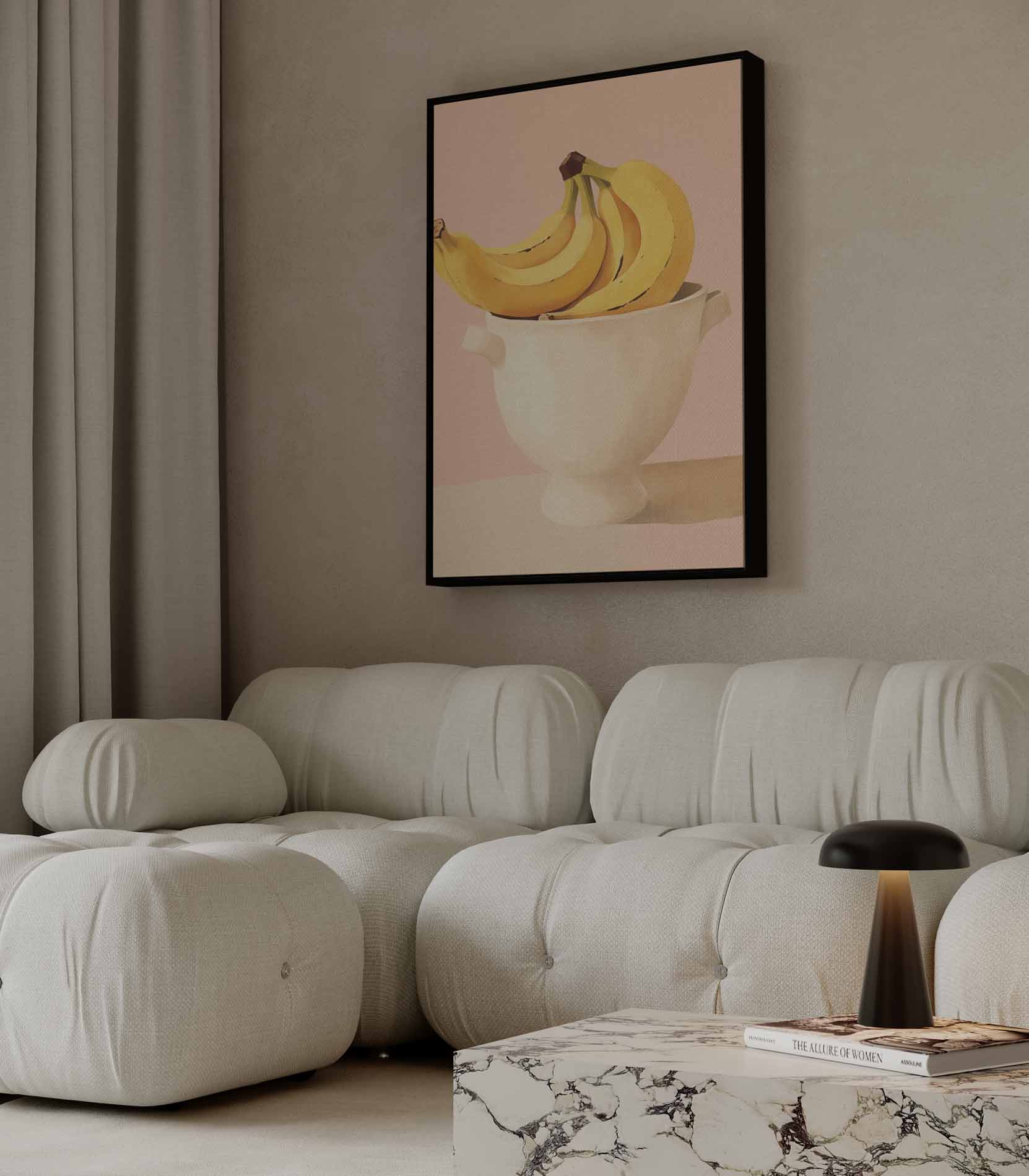 Bananen in een Witte Kom op Roze Achtergrond Kunstwerk-canvas-dibond-plexiglas-wanddecoratie-WallArtistic