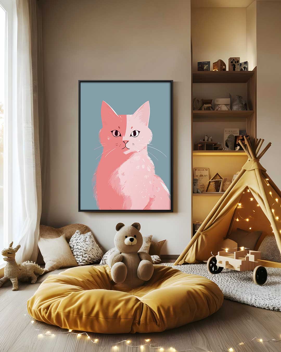Roze Kat op Blauw Achtergrond Kunstwerk-canvas-dibond-plexiglas-wanddecoratie-WallArtistic