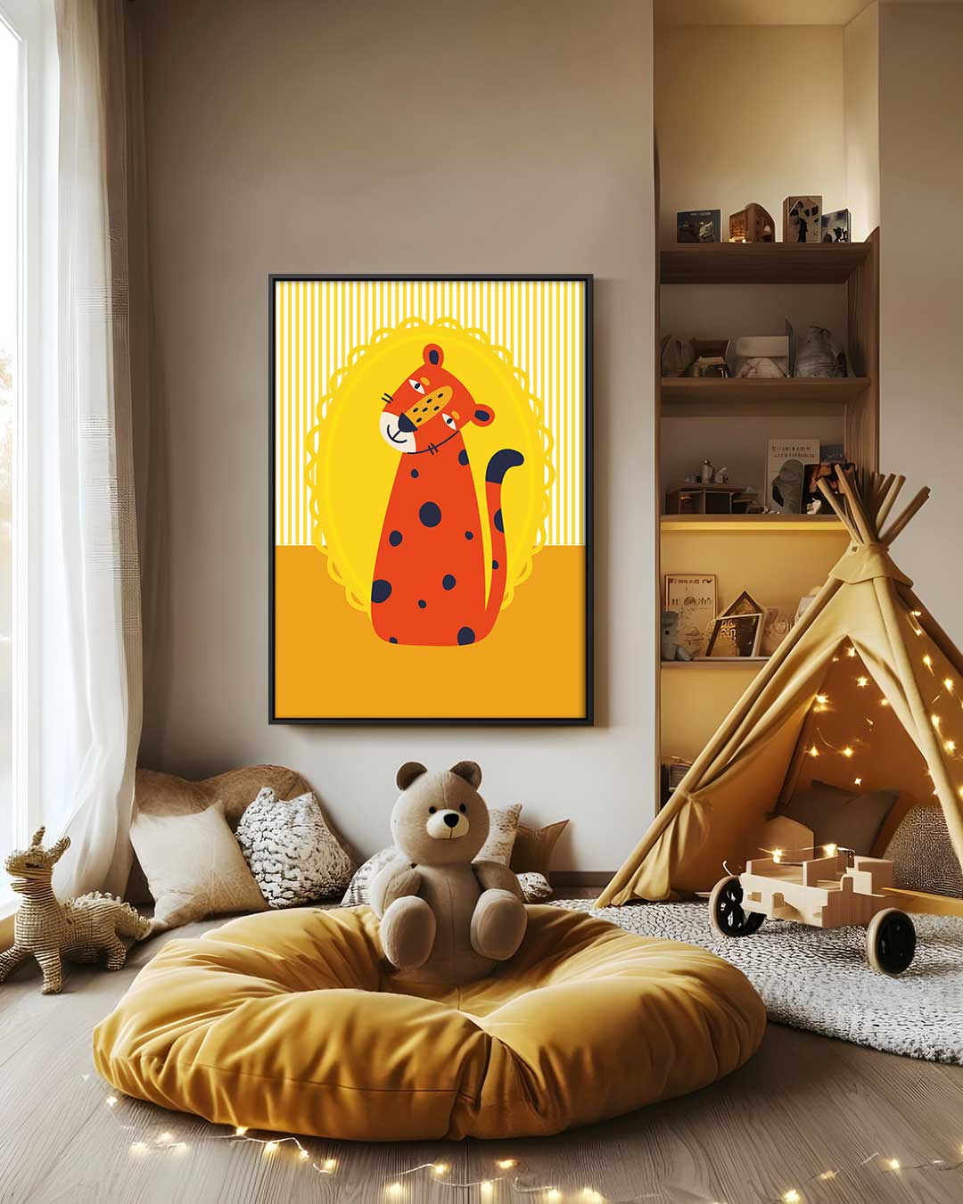 Vrolijke Cheetah op Geel Kunstwerk-canvas-dibond-plexiglas-wanddecoratie-WallArtistic