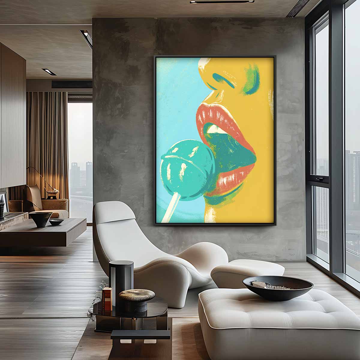 Verleidelijke Lippen met Lolly Kunstwerk-canvas-dibond-plexiglas-wanddecoratie-WallArtistic