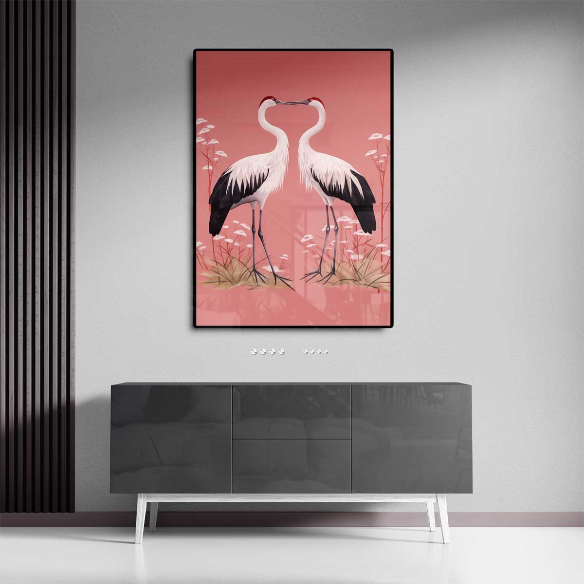 Romantische Kraanvogels op Rosa Achtergrond Kunstwerk-canvas-dibond-plexiglas-wanddecoratie-WallArtistic