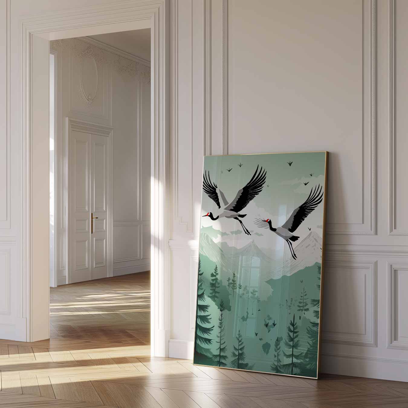 Zwevende Kraanvogels in Berglandschap Poster-WallArtistic