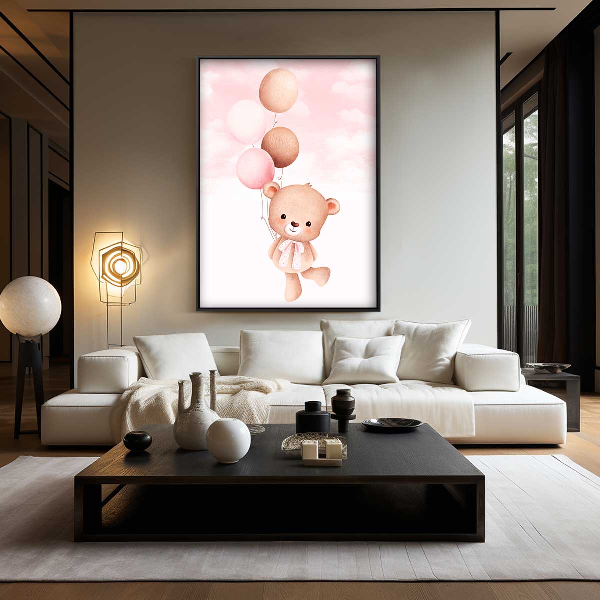 Dromerige Teddy met Ballonnen Kunstwerk-canvas-dibond-plexiglas-wanddecoratie-WallArtistic