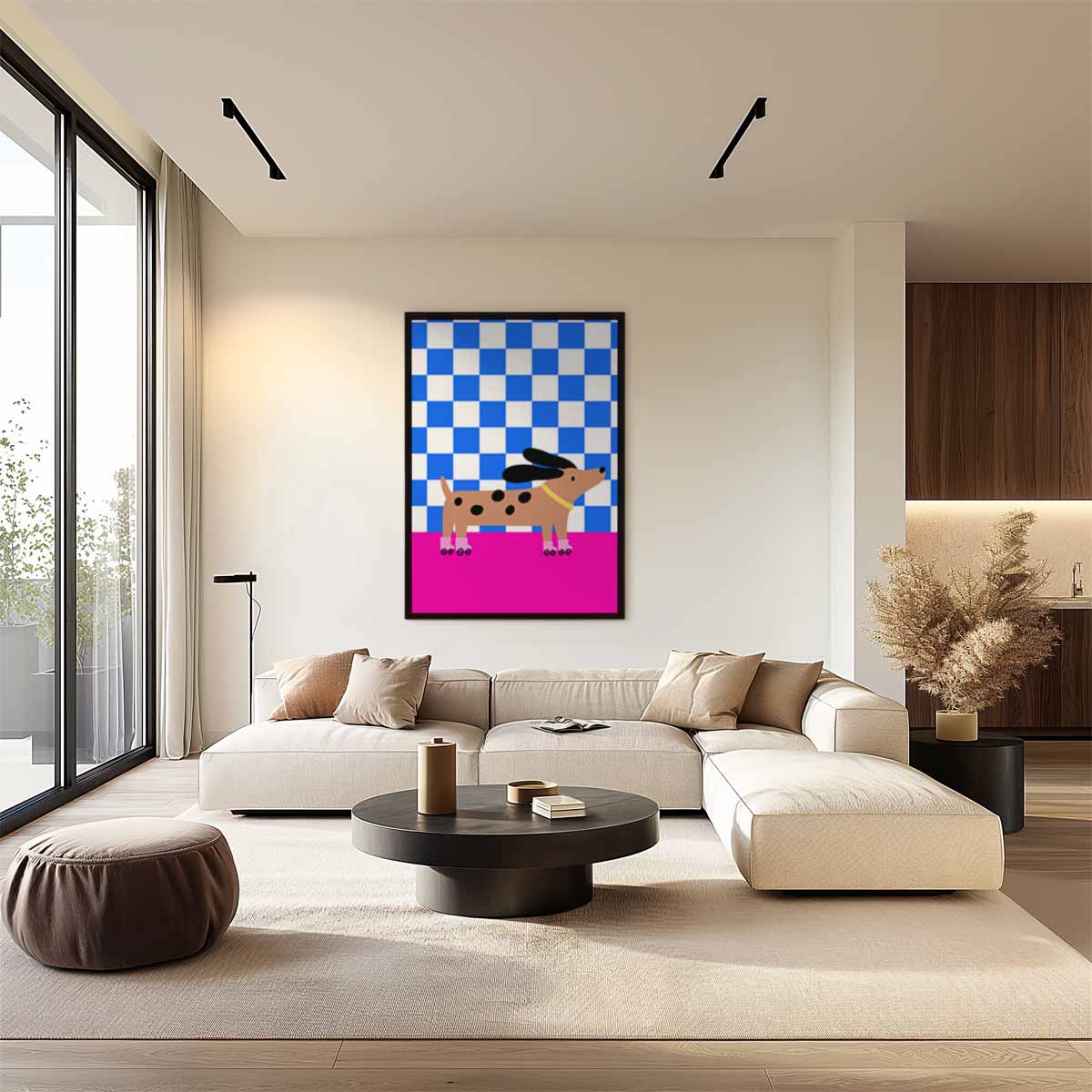 Hond op Rolschaatsen in Stijlvol Patroon Kunstwerk-canvas-dibond-plexiglas-wanddecoratie-WallArtistic