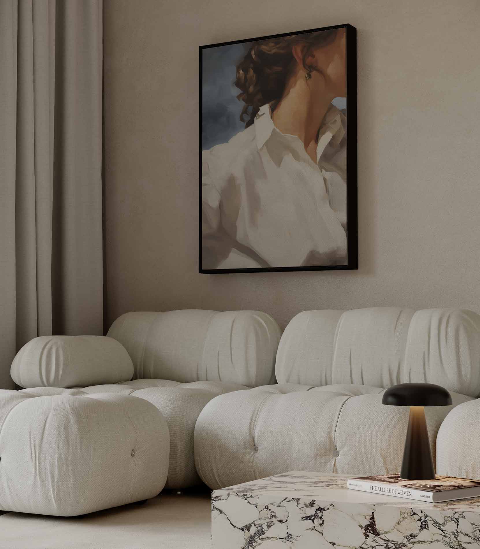 Zacht Portret met Witte Blouse Kunstwerk-canvas-dibond-plexiglas-wanddecoratie-WallArtistic