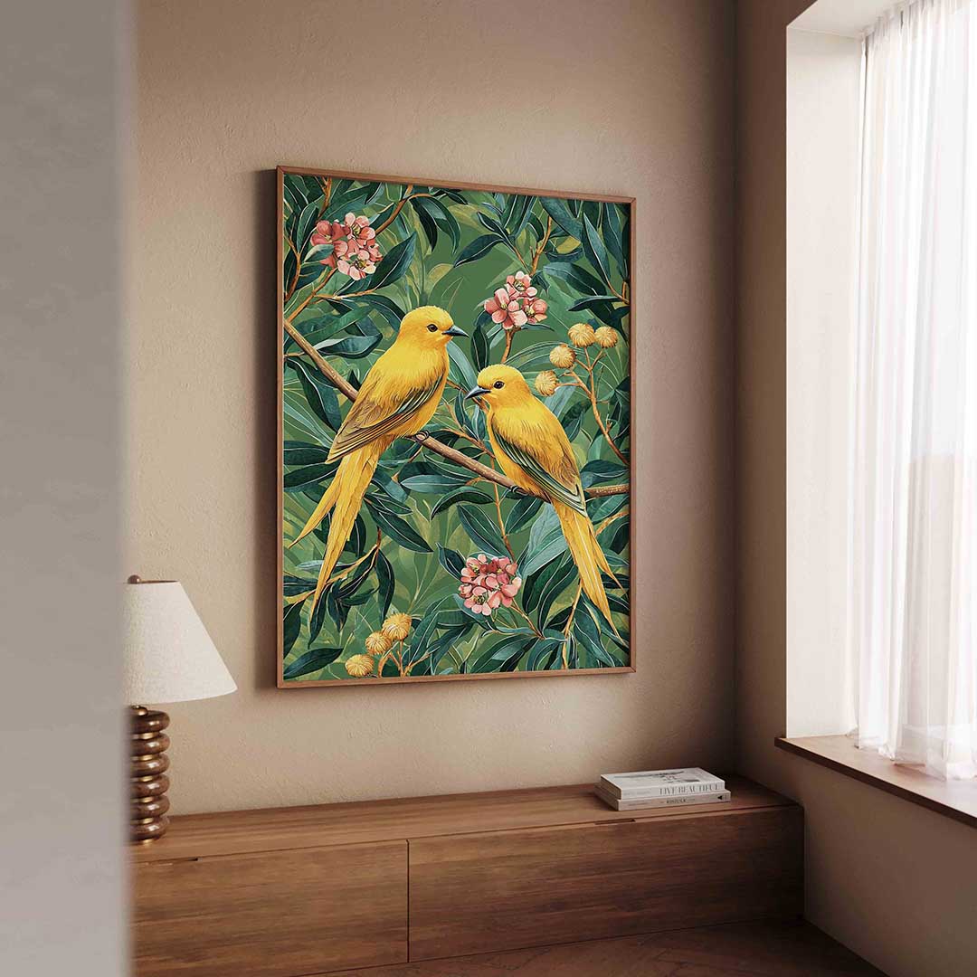 Gele vogels en bloemen Poster