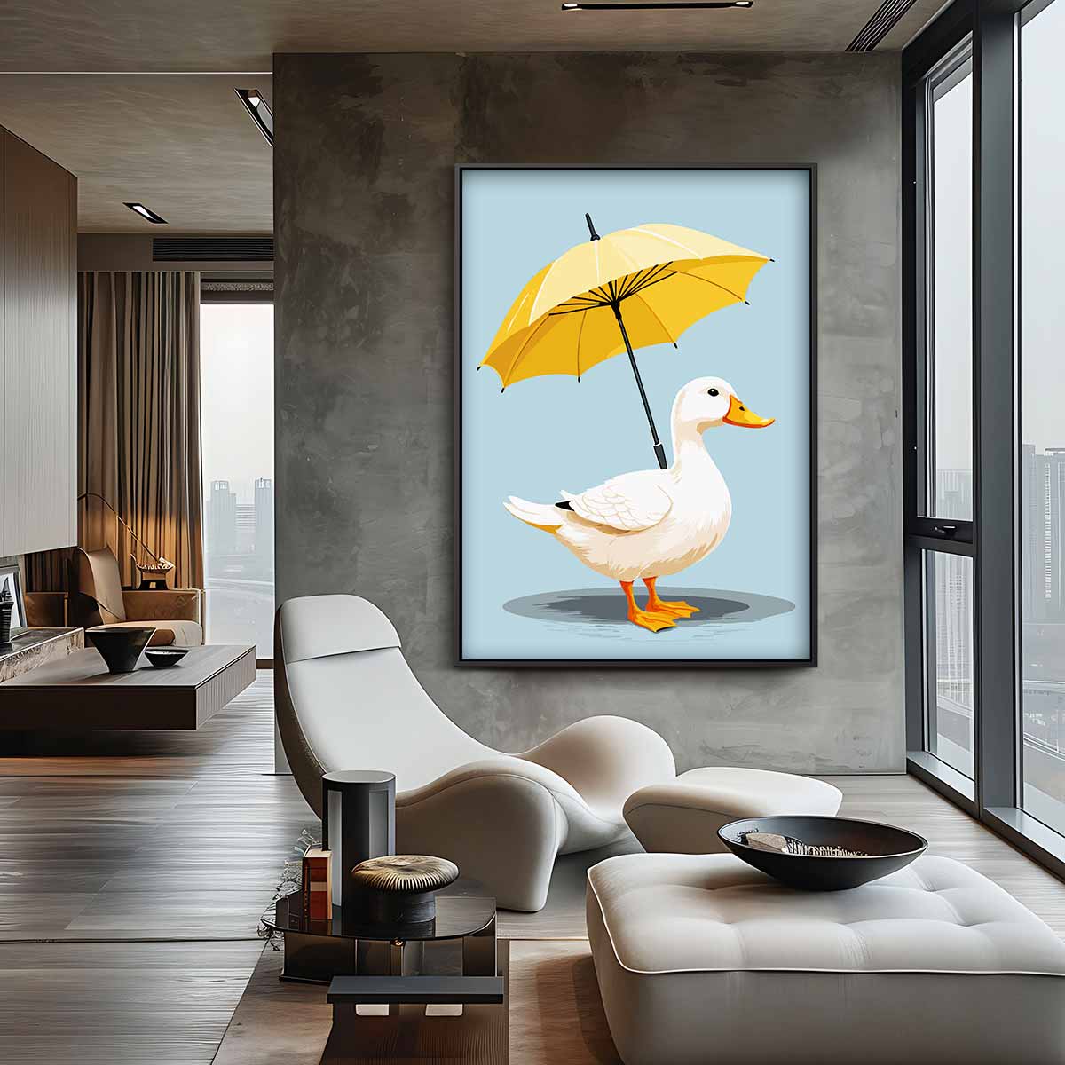 Eend onder Paraplublad Kunstwerk-canvas-dibond-plexiglas-wanddecoratie-WallArtistic