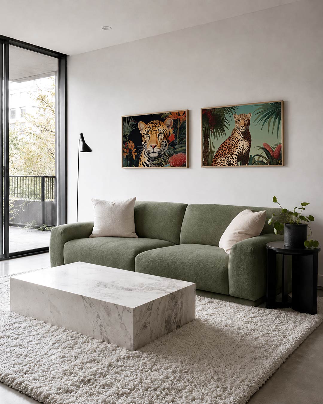 Twee liggende posters met een katachtige tussen kleurrijke bloemen en bladeren, aan de muur in een interieur