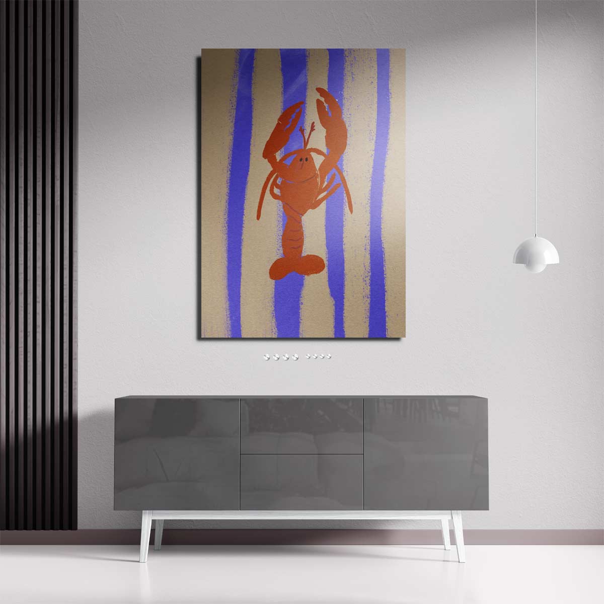 Dansende Kreeft op Streepjesachtergrond Kunstwerk-canvas-dibond-plexiglas-wanddecoratie-WallArtistic