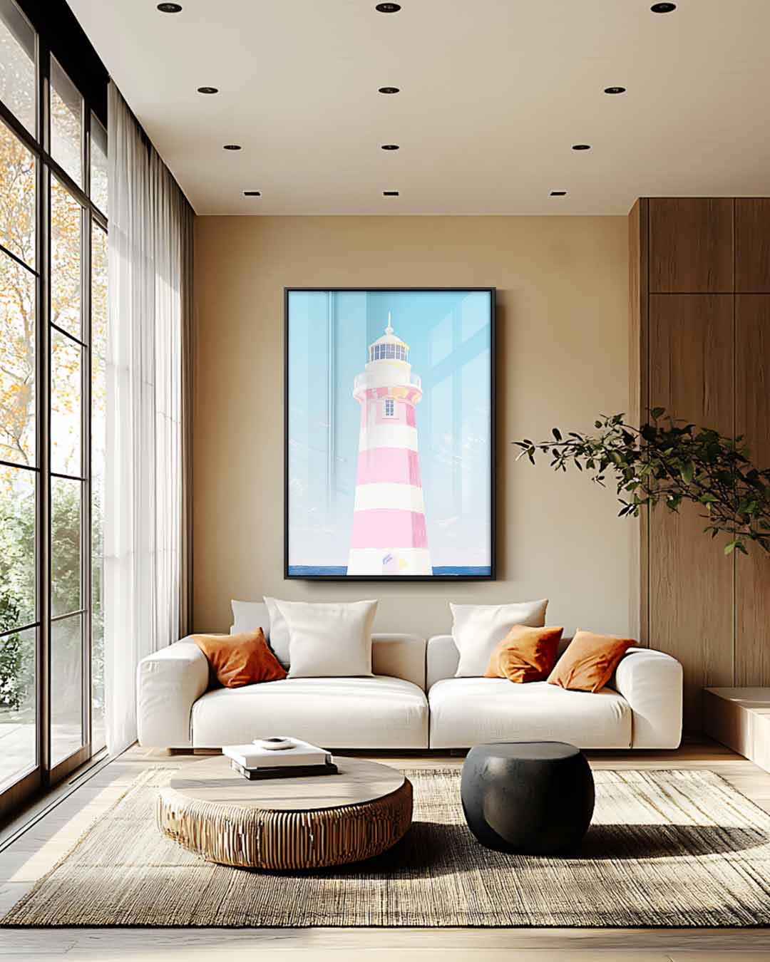 Zomerse Vuurtoren aan de Kust Kunstwerk-canvas-dibond-plexiglas-wanddecoratie-WallArtistic